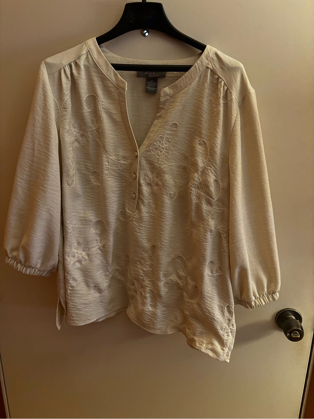 St. John's Bay Cream Embroidered V-Neck Blouse